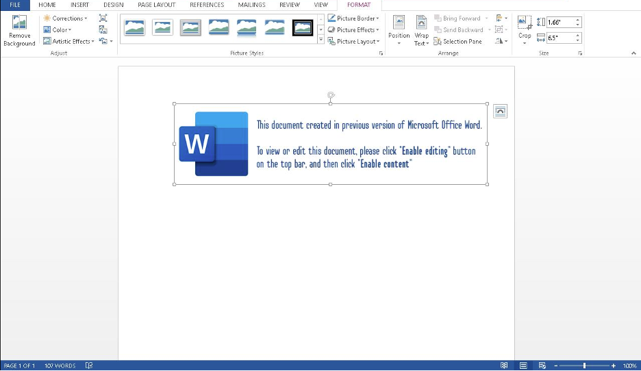 Figure: Malicious Microsoft Word document directing victims to enable macros.