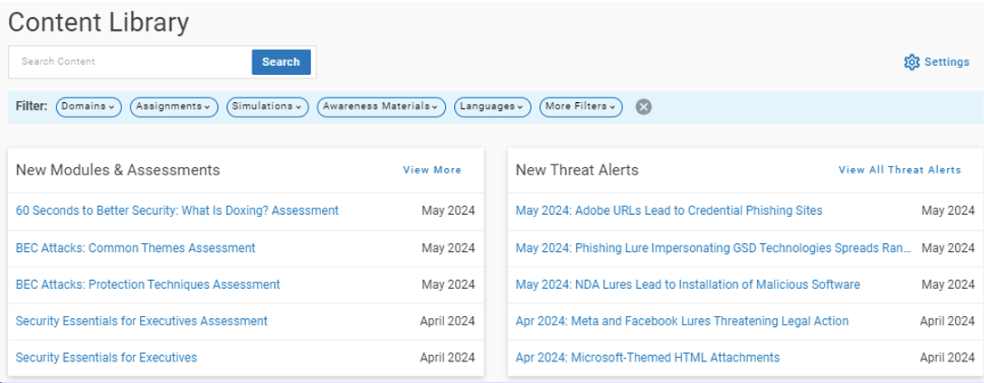  Proofpoint Content Library homepage showcases the newest content that’s continuously added.  