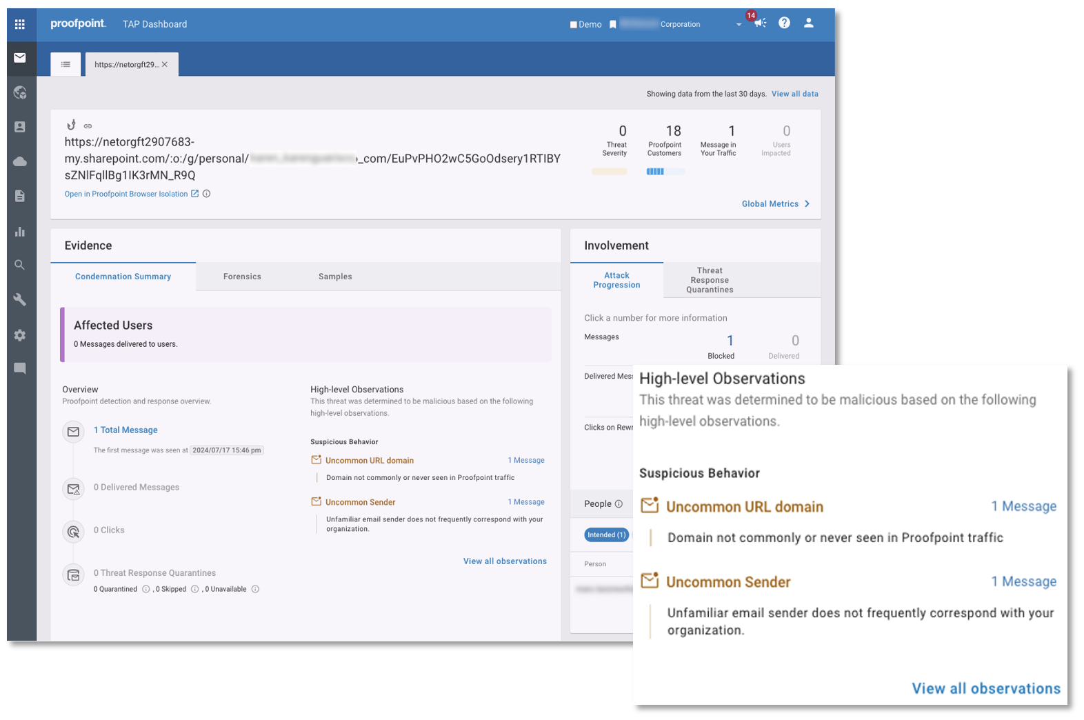 Observations de haut niveau contenues dans le tableau de bord Proofpoint TAP expliquant l’analyse comportementale effectuée et les signes révélateurs d’une menace