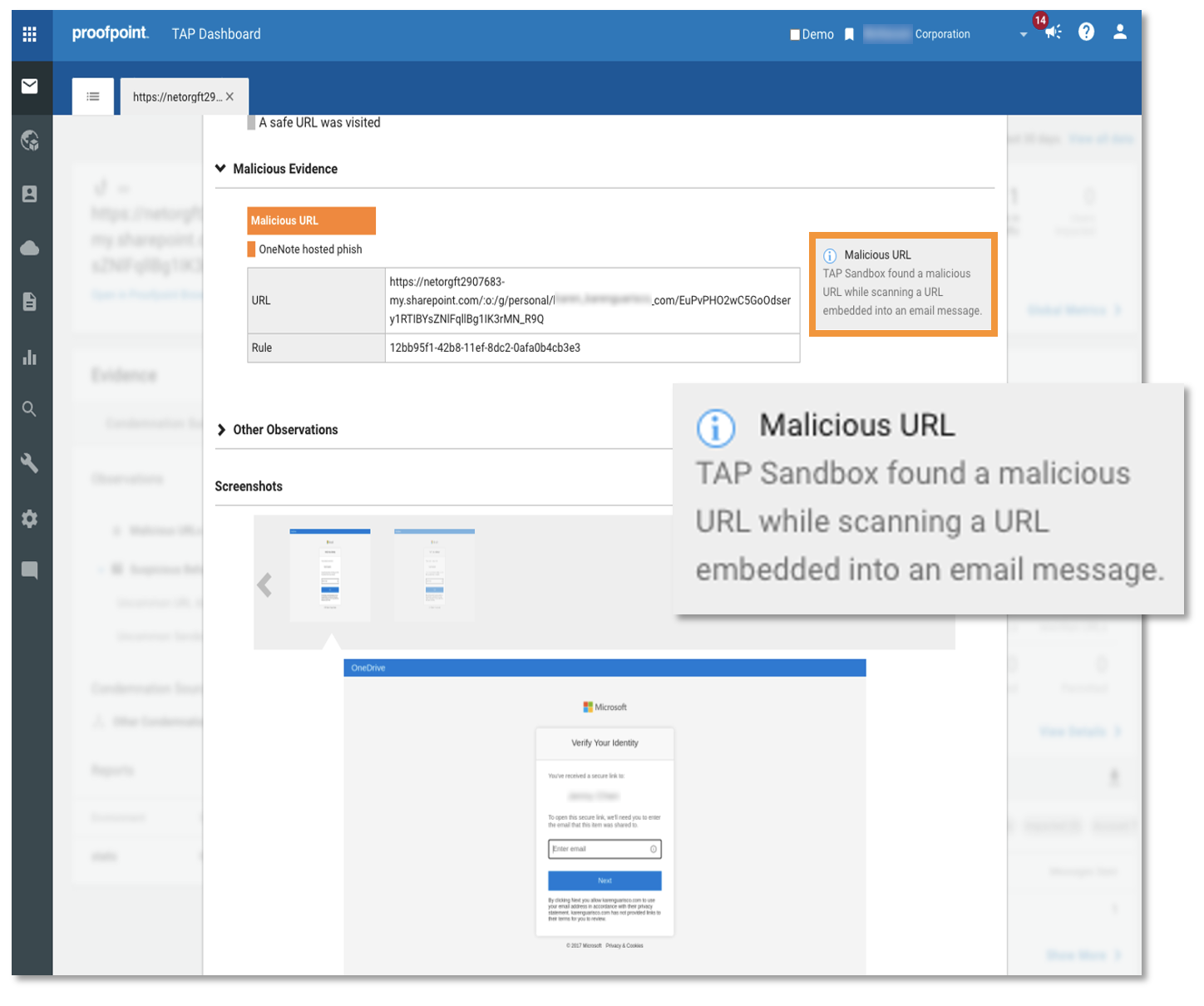 Indicateurs de compromission et investigation numérique de la menace dans le tableau de bord Proofpoint TAP signalant une URL malveillante dans le fichier SharePoint