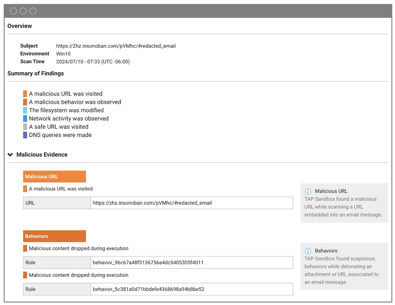 Indicateurs de compromission et investigation numérique de la menace dans le tableau de bord Proofpoint TAP signalant une URL et un comportement malveillants.