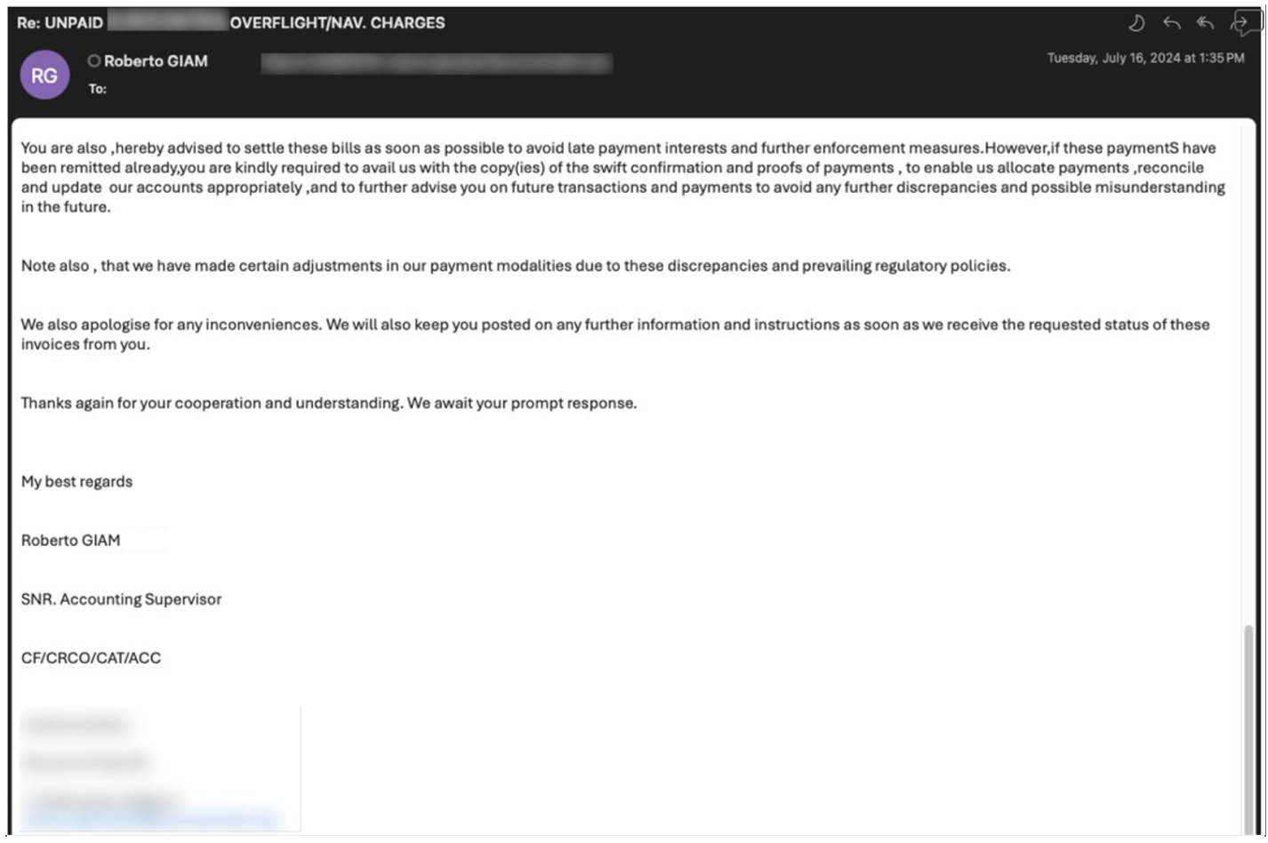 Email spoofing the EMEA-based aviation company requesting copies of payments made.