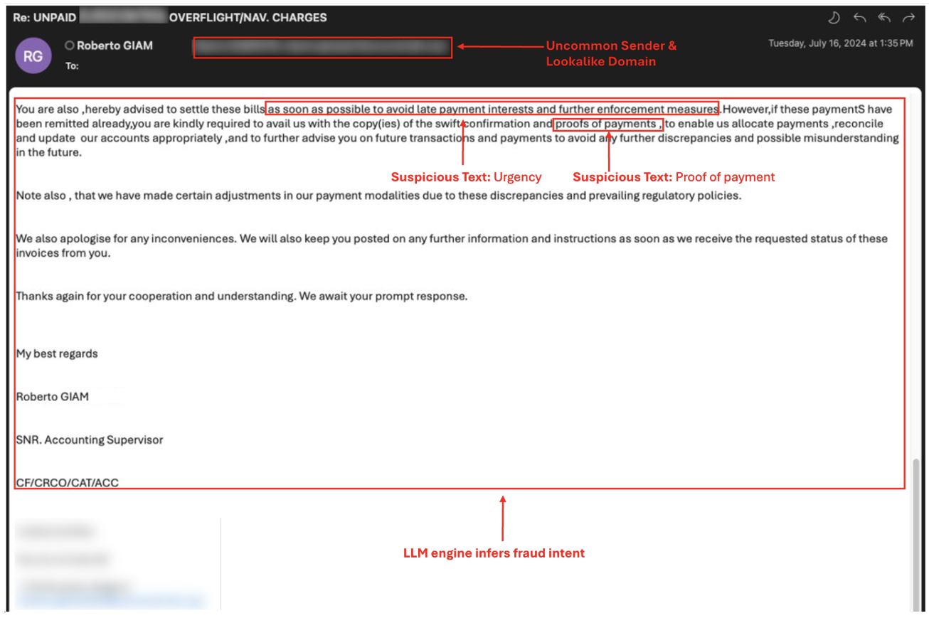 Indicadores detectados por Proofpoint en el mensaje fraudulento.