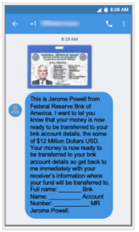 MMS scam message impersonating Jerome Powell of the Federal Reserve Bank