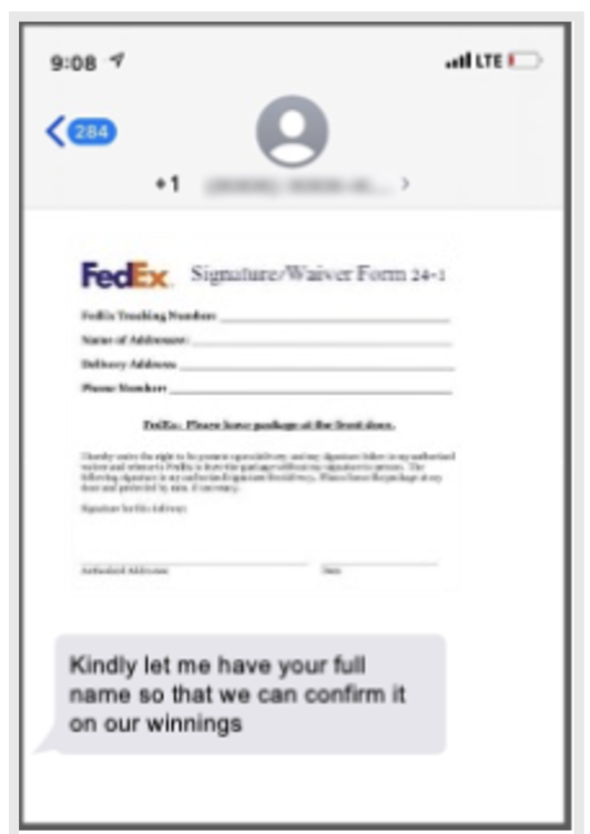 MMS scam message impersonating FedEx and an official-looking waiver document