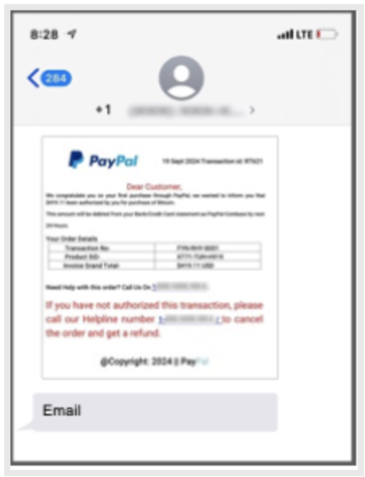 MMS scam message impersonating Paypal and an official-looking purchase verification