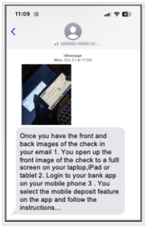 MMS scam message with pictures of a check with scam instructions