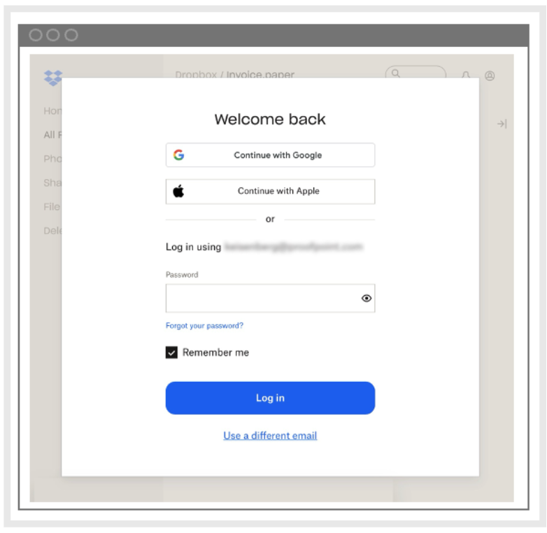 Legitimate Dropbox login page to access the shared file