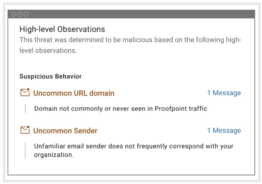 Condemnation summary of signals Proofpoint used to detect the threat