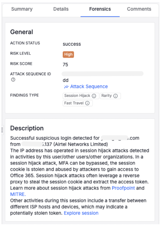 Proofpoint Prime Threat Protection identifies the same Microsoft session with different access sources (Nigeria and Singapore).