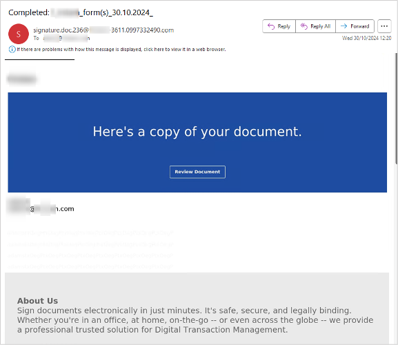 Spoofed DocuSign message received by the user