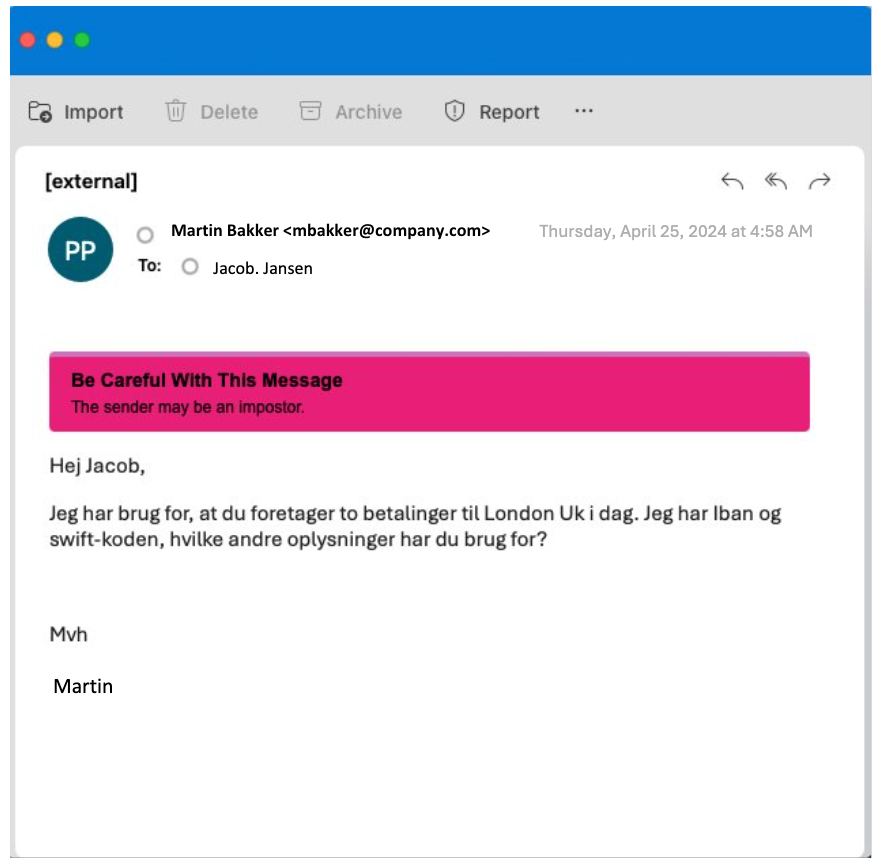 Email sent in Dutch from the threat actor to the financial controller, impersonating the CEO.