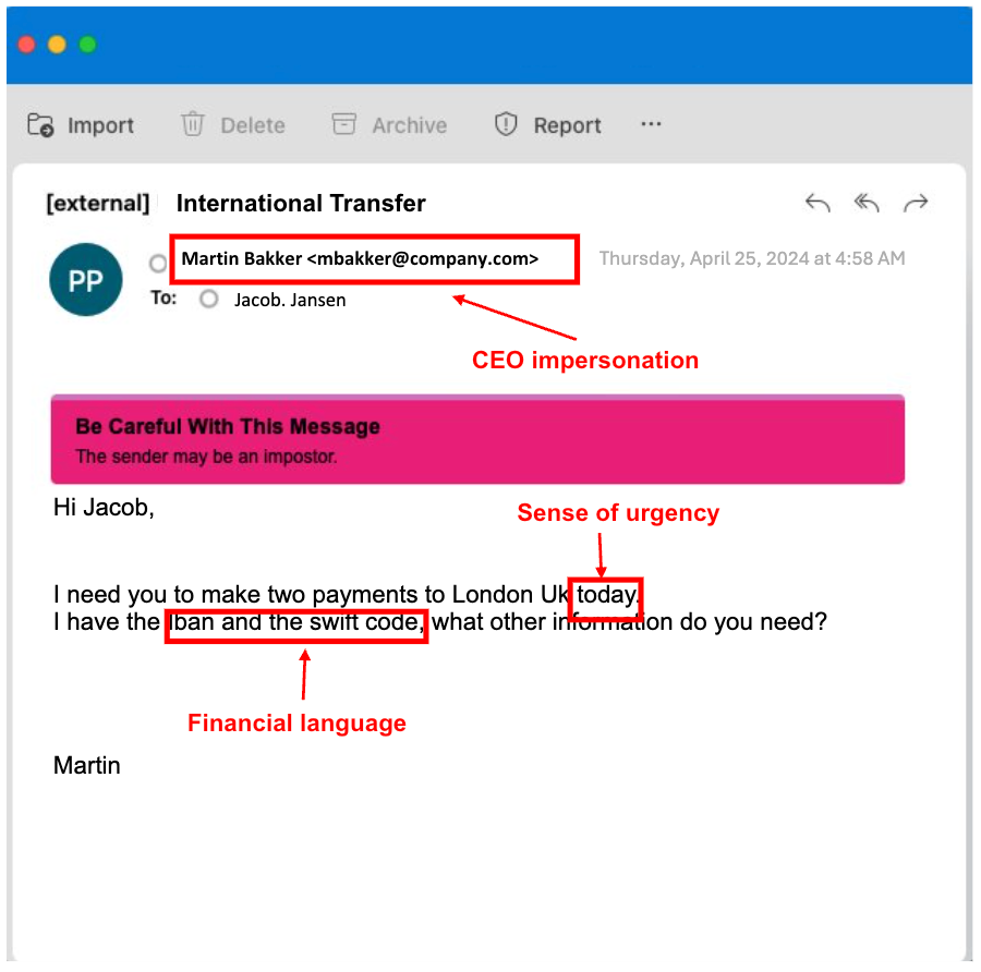 Email from the threat actor to the financial controller, impersonating the CEO.