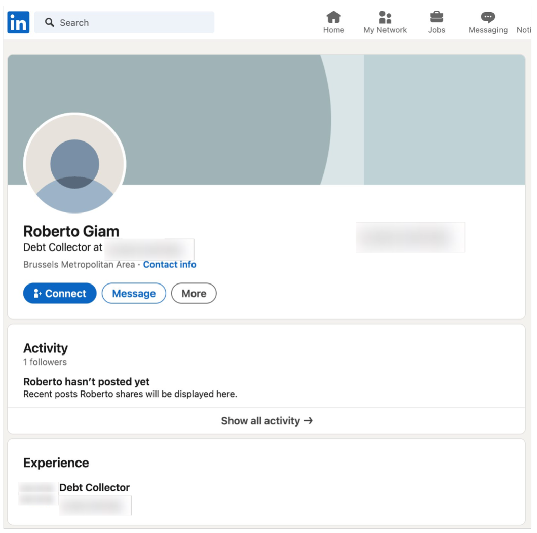 Cuenta falsa de LinkedIn creada por el ciberdelincuente para añadir legitimidad al mensaje de correo electrónico.