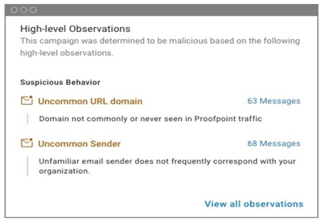 Zusammenfassung der von Proofpoint über die Sandbox-Analyse erkannten Indikatoren, die zur Einstufung der URL als Bedrohung führte