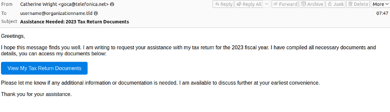 Figure: 28 May 2024 email lure using 2023 tax themes. 