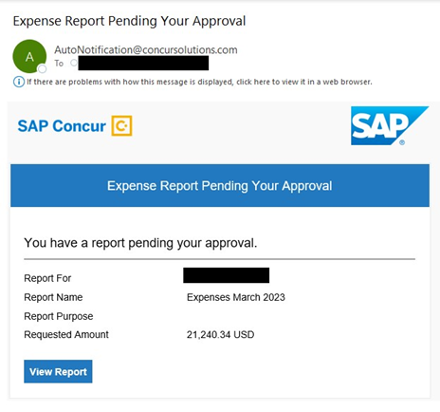 Ejemplo de amenaza de phishing enviada a usuarios objetivo por atacantes, usando suplantación de marca (simulando ser "SAP Concur"