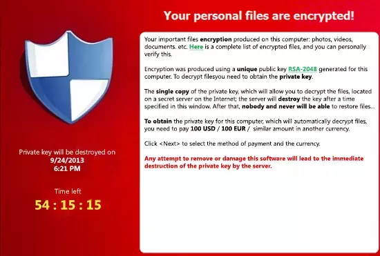 Screenshot eines Computers, der mit CryptoLocker infiziert wurde. Es wird eine Warnung angezeigt mit der Aufforderung zur Zahlung des Lösegelds.
