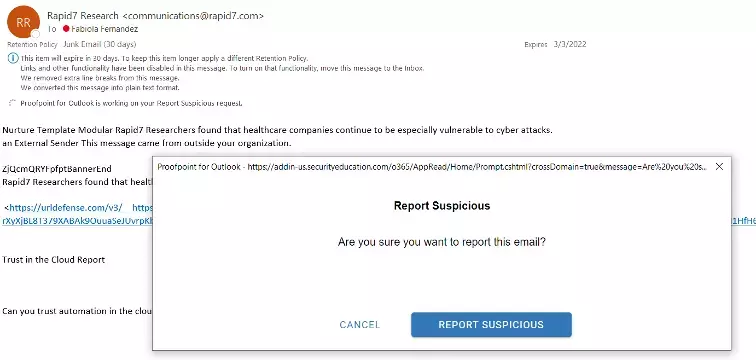 Proofpoint Report Suspicious Phish Button