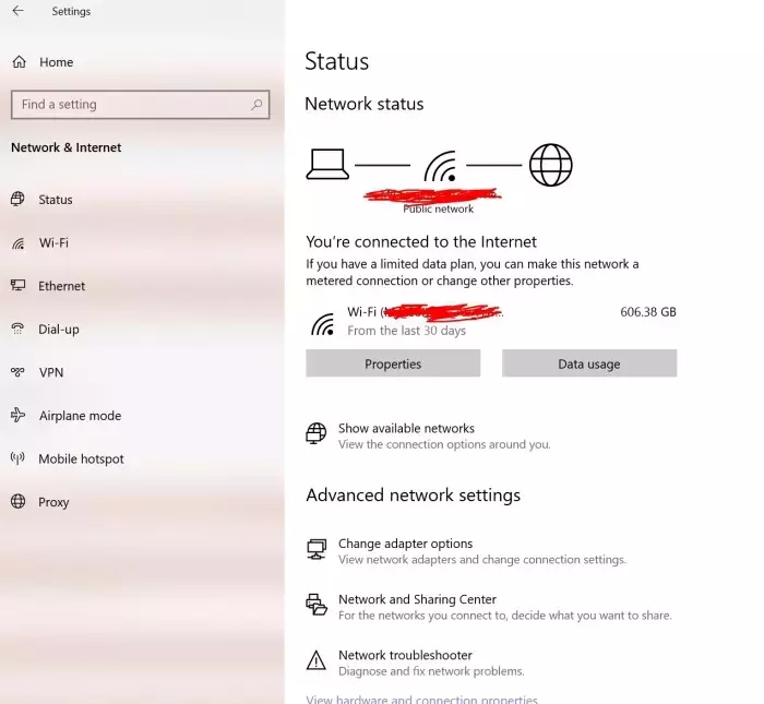 Windows Network Status Configuration Screen