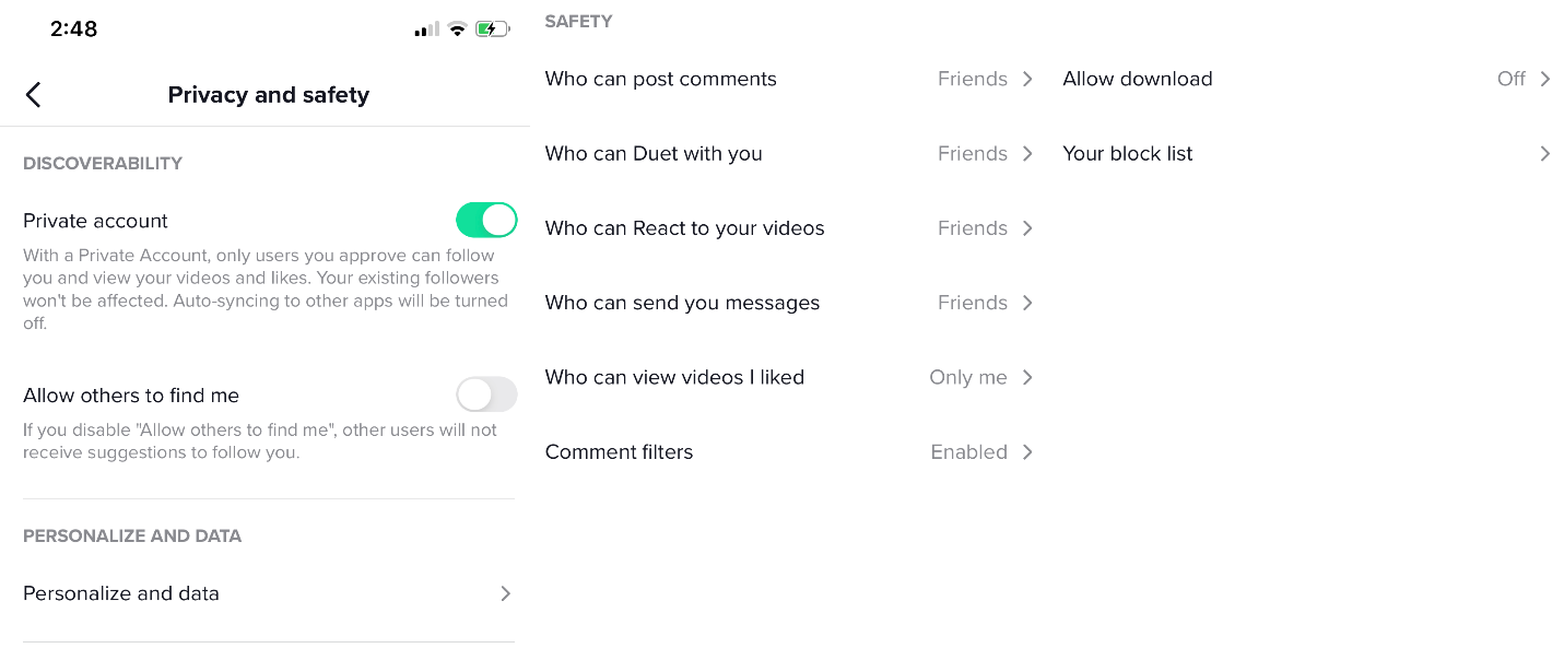 TikTok app permissions that control content privacy